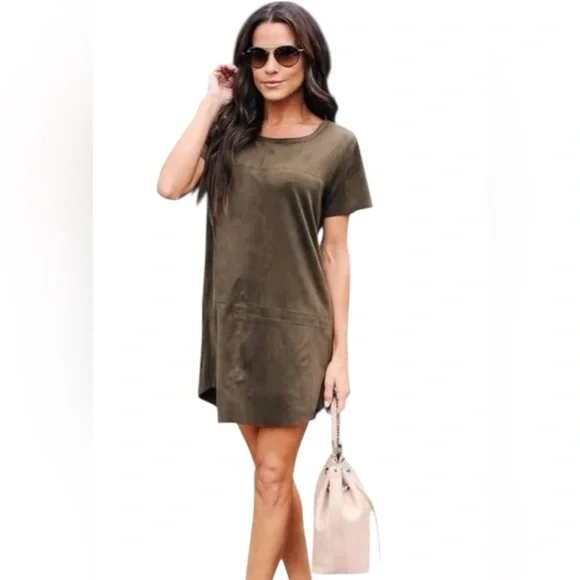 OLIVACEOUS Faux Suede Kimmie Shift Pullover Mini Tunic Dress Women's M - Picture 2 of 10